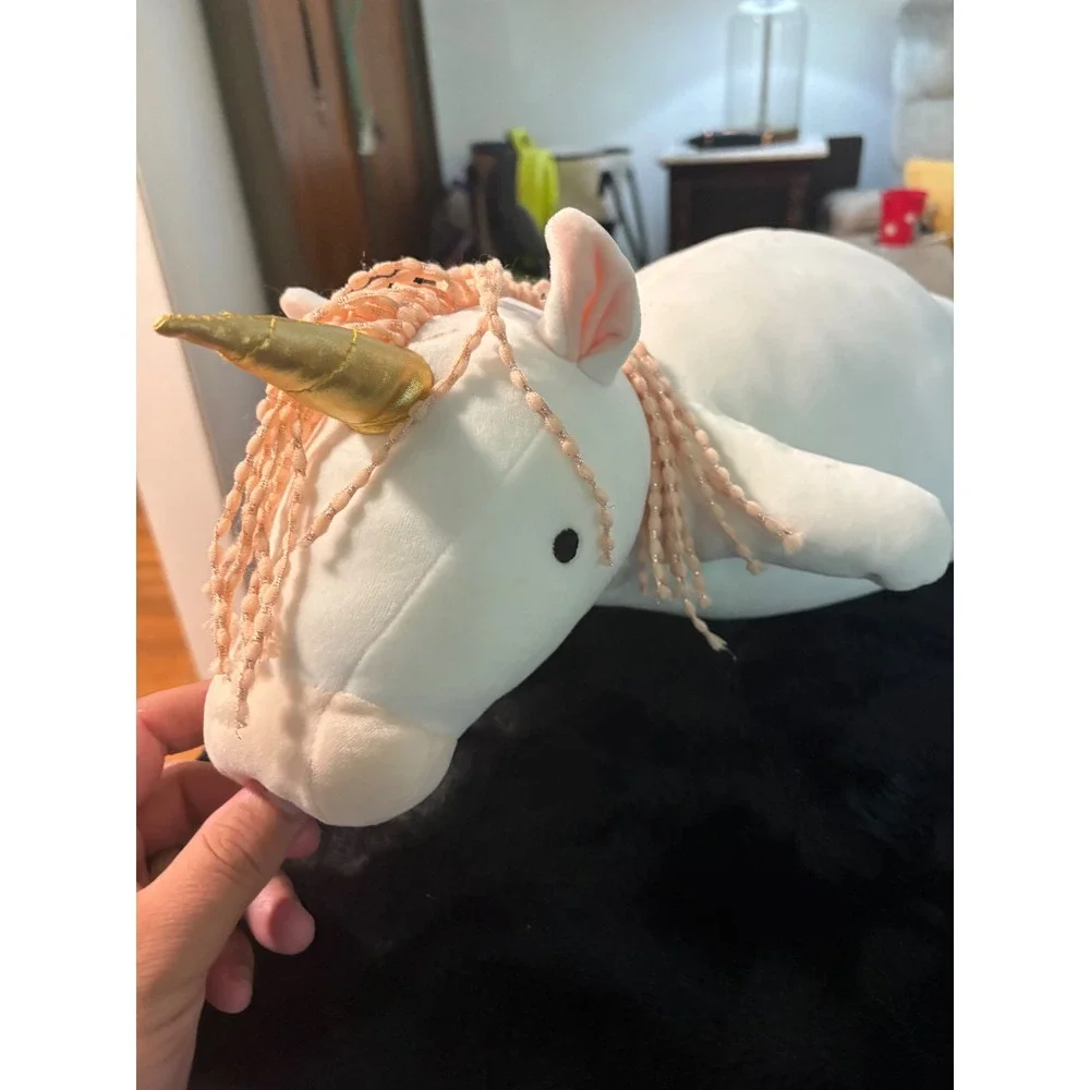 Pillowfort Unicorn Plush Stuffed Animal Pillow White Gold Horn Pink Fringe Mane